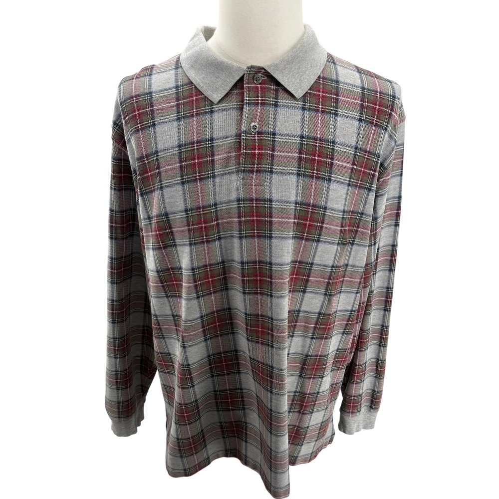 LL Bean Mens Tartan Plaid Long Sleeve‎ Cotton Polo Shirt Top XL
